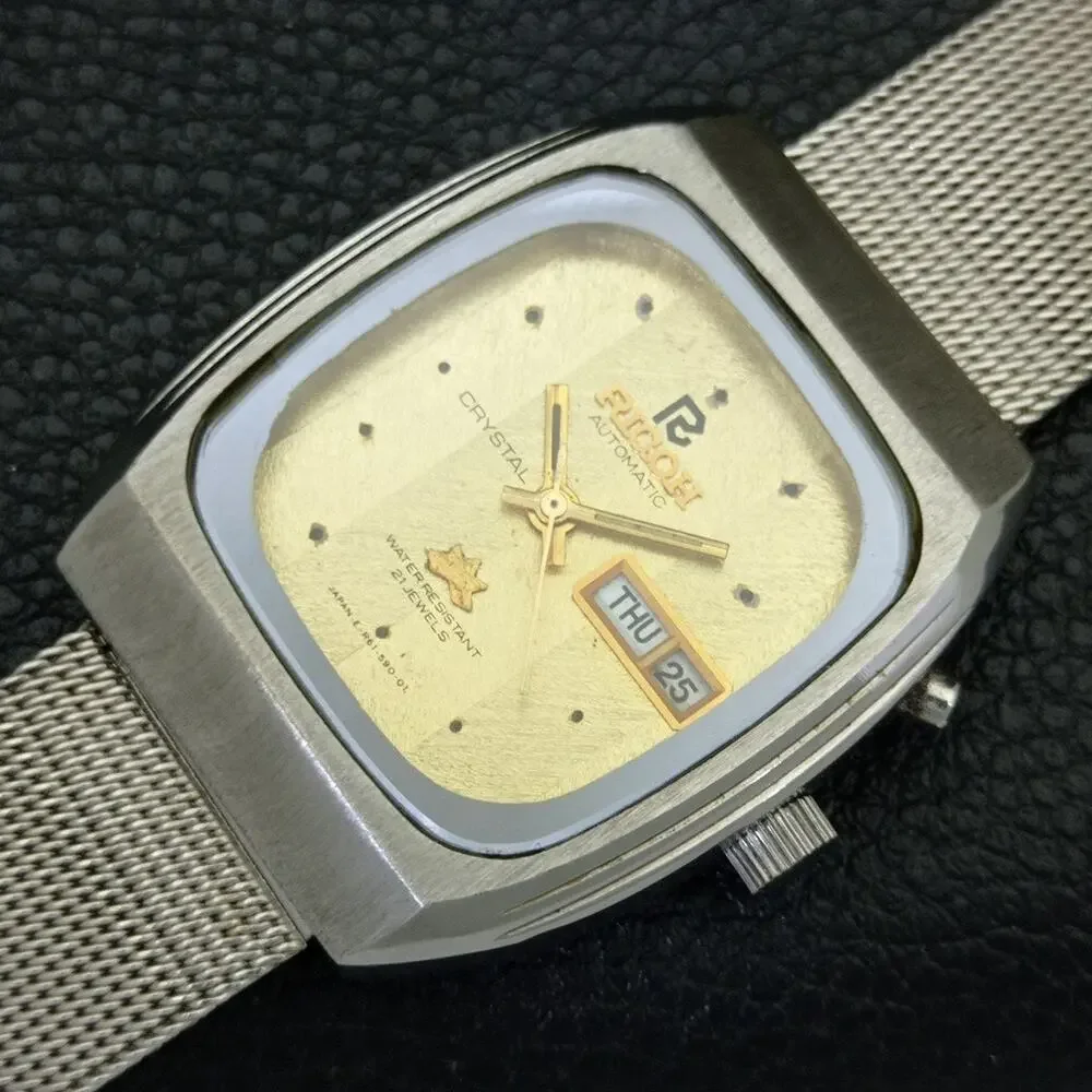 Vintage 1997 Square Ricoh Automatic Mens Silver Watch W/daydate & Gold accents